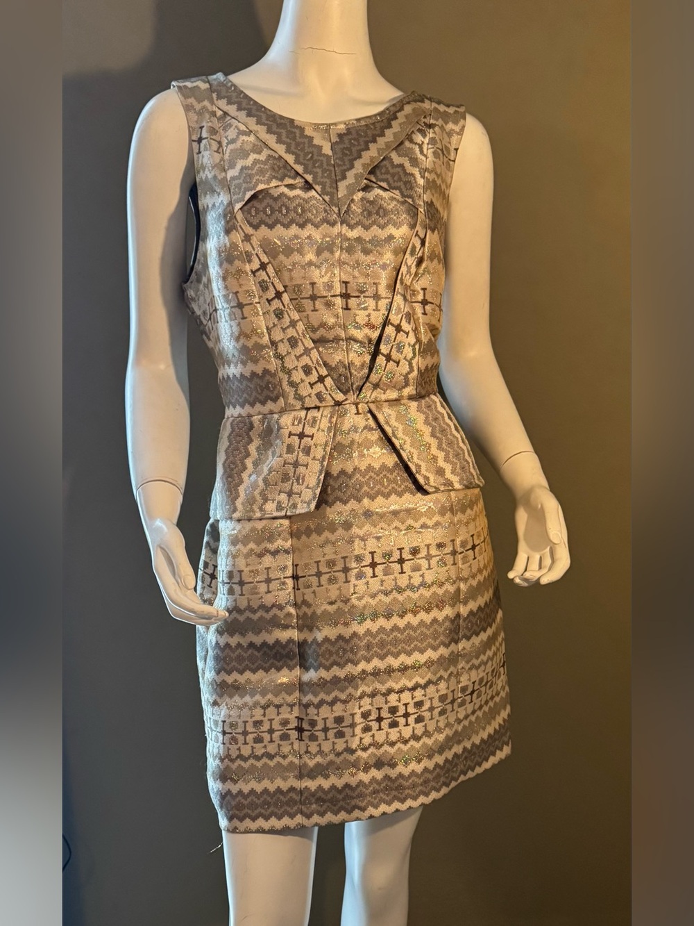 Sugarlips Beige Metallic Chevron Peplum Mini Dress